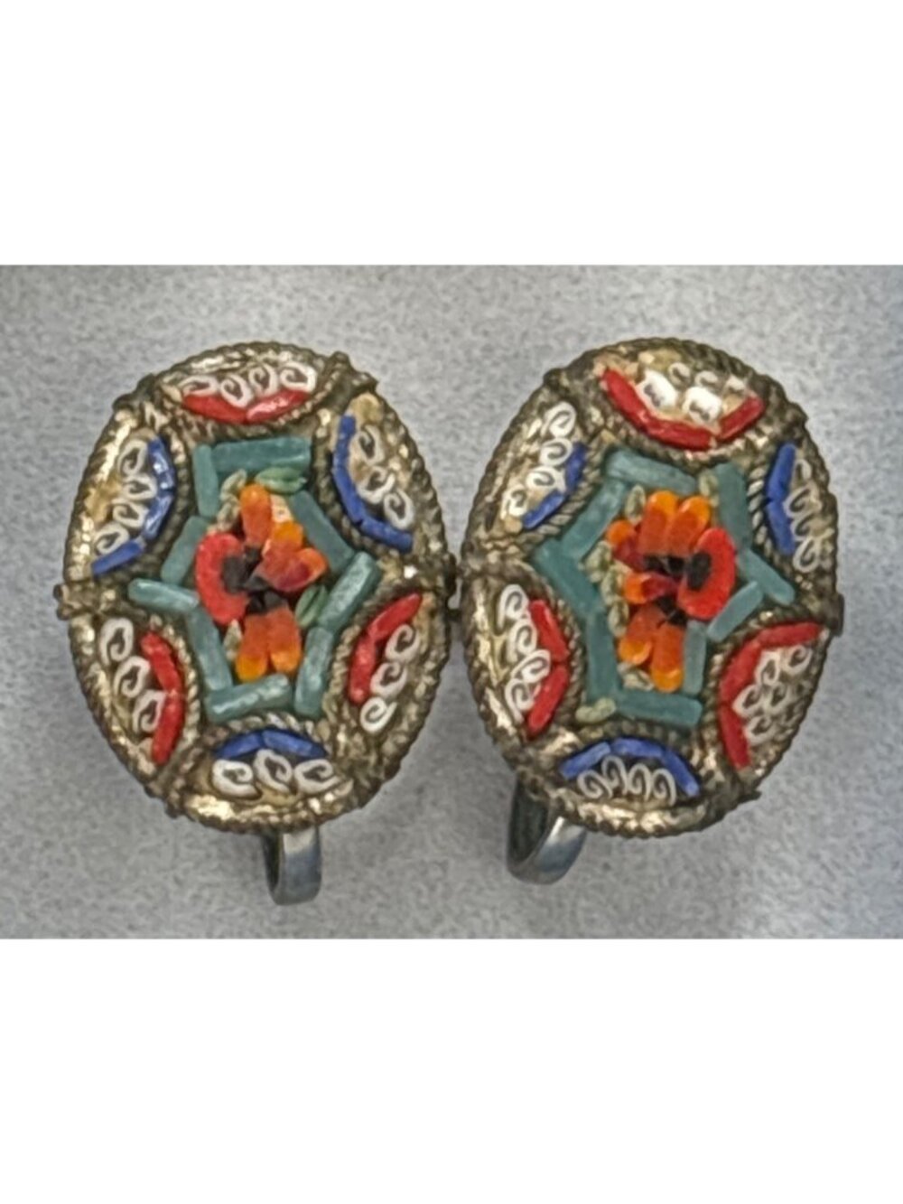 Vintage Oval Micro Mosaic Earrings | Italy | Intricate Red & Orange Flowers